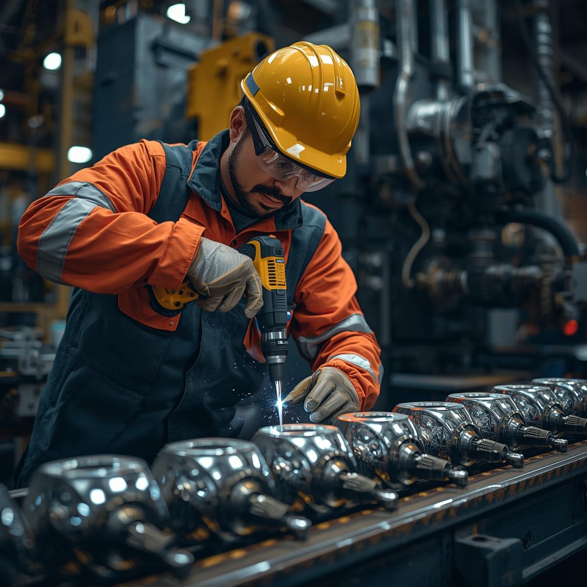 Industrial worker wearing protective clothing and safety goggles drilling metal components, sparks and metal shavings visible, realistic factory environment, heavy machinery in background