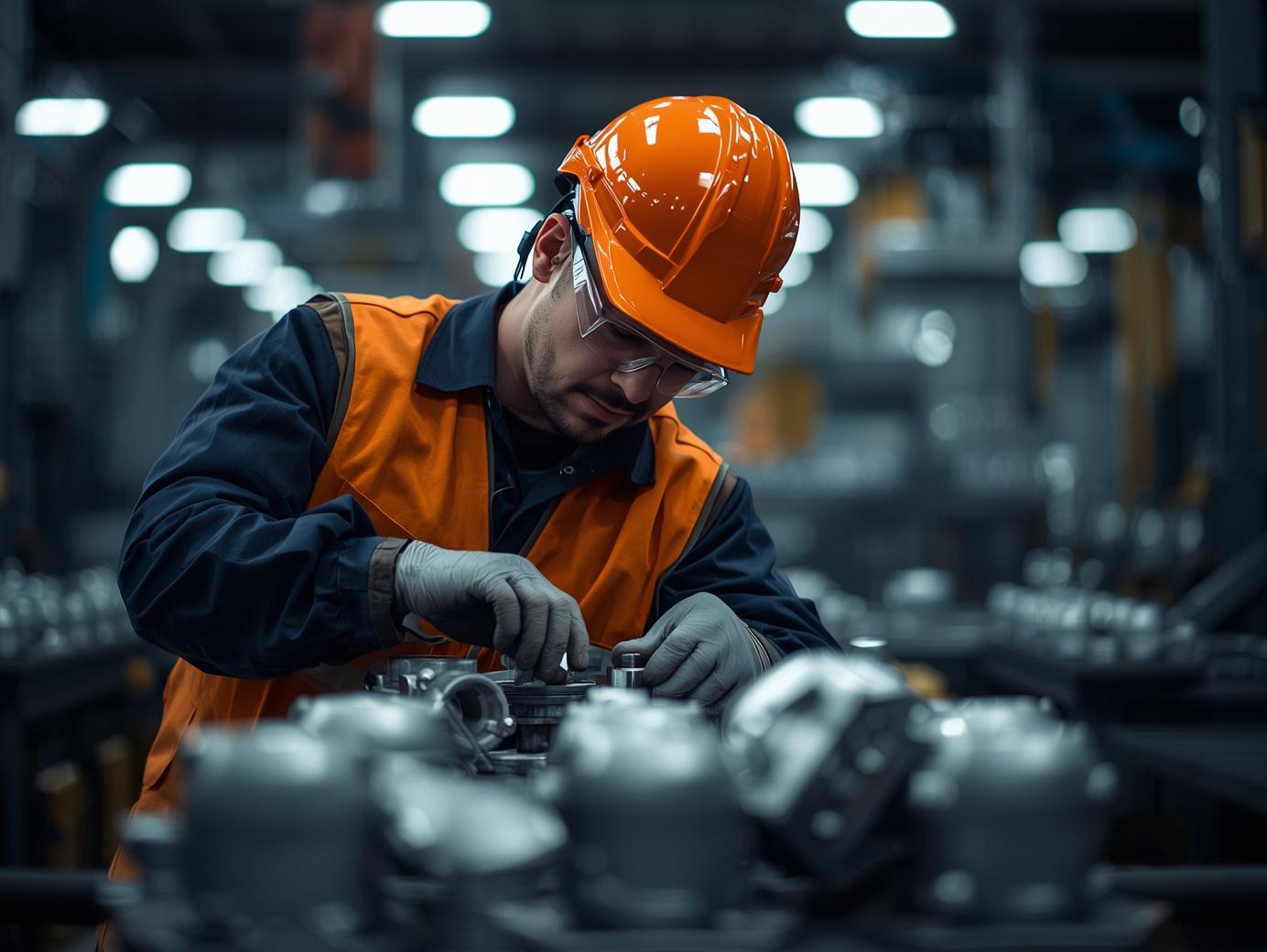 Professional industrial worker inspecting and finishing cast parts in a clean factory environment, controlled lighting, minimal background distraction, corporate industrial photography style