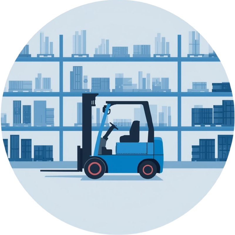 A forklift in a large warehouse, centered in the frame, light rays from above, symmetrical shelves on both sides, cinematic lighting, soft shadows, circular framing, highly detailed