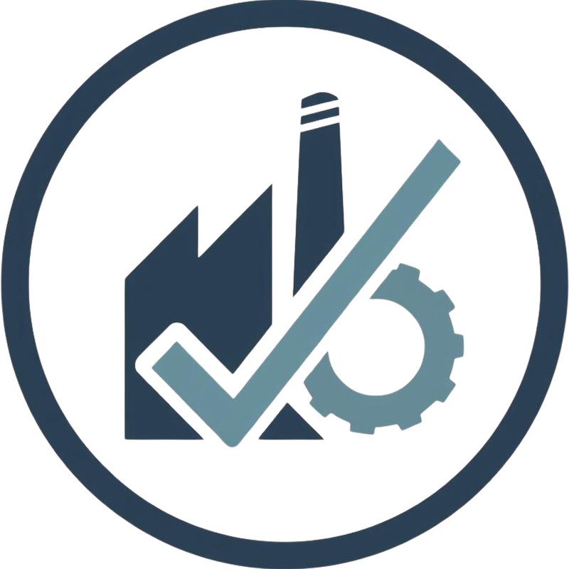A modern circular icon representing industrial contract benefits: a factory and gear combined with a checkmark, clean vector style, minimal design, blue and grey colors, perfectly centered, circular composition, white background, symmetrical layout, professional business look, no text