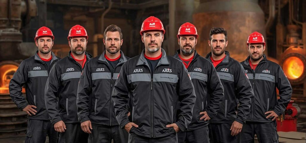 Ein professionelles Team von 6 Gießereimitarbeitern steht selbstbewusst in einer industriellen Gießerei-Umgebung.